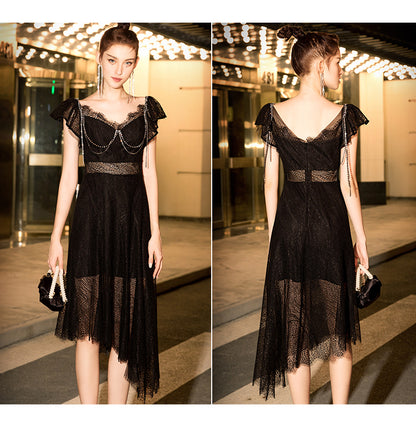 Black evening skirt high-quality texture with a lace see-through dress- Cora