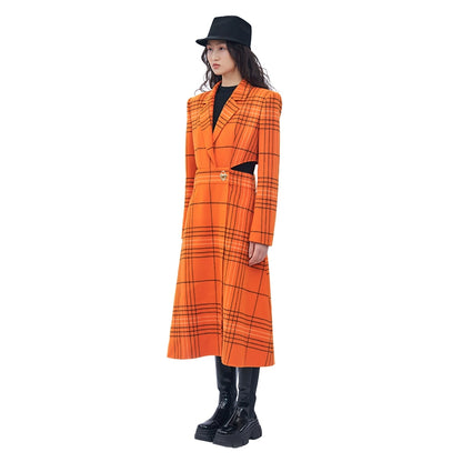 YES BY YESIR autumn winter orange plaid cut-out hollow small waist fine long coat - Kara