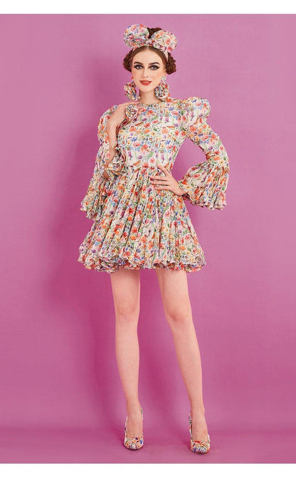 Long sleeve pleaded mini elegant cocktail floral dress- Fiona