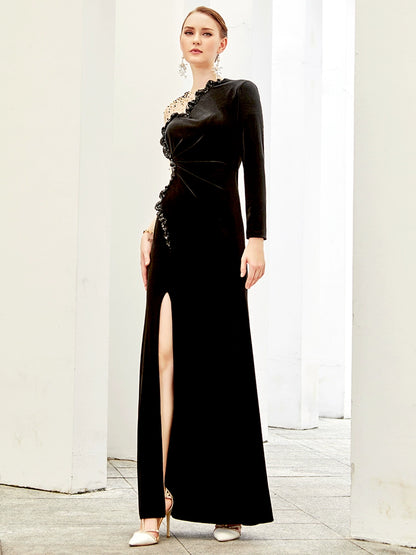 SIDUO High-End autumn long sleeve ankle length plain slit sexy black evening dress-Belle  ( V)