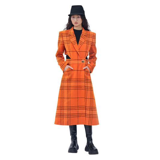 YES BY YESIR autumn winter orange plaid cut-out hollow small waist fine long coat - Kara