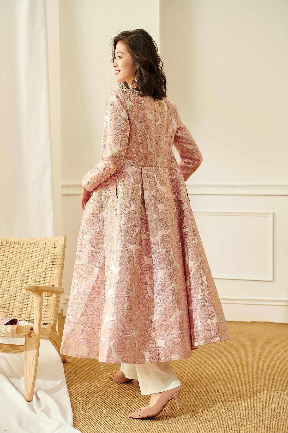 Luxury nude pink gold jacquard embroidery rose long exquisite coat- Nia