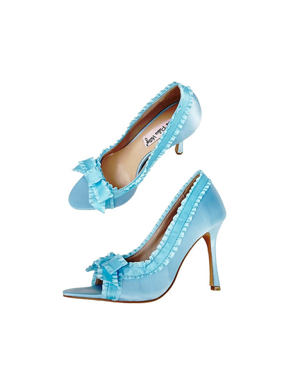 Le Palais Vintage Elegant Lace Pink Blue Fish Mouth Satin Pumps-Garby