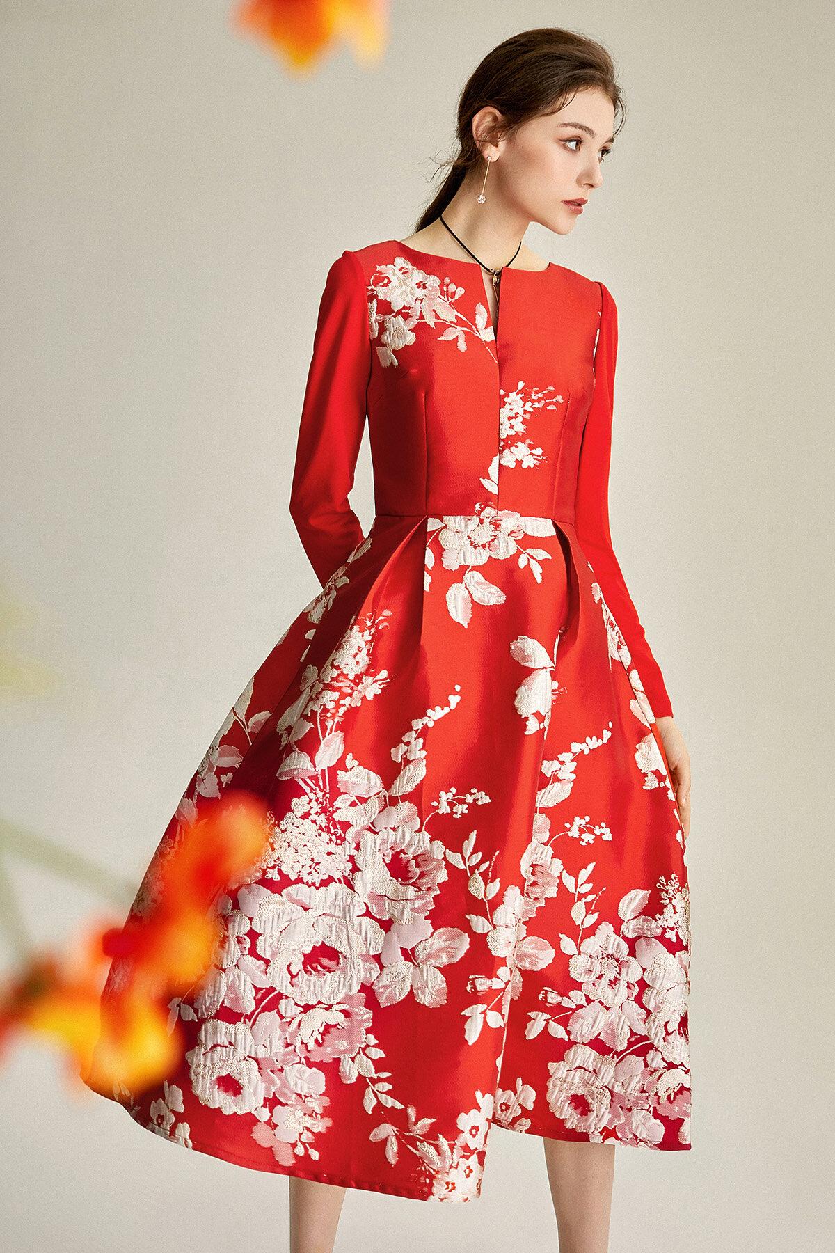 Spring retro 1950 red feminine jacquard long sleeve wedding guest audr –  GOOD GIRL REBEL