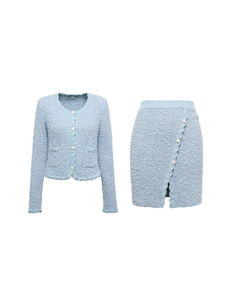 YES BY YESIR elegant simple pastel blue wool fragrance knit skirt cardigan - Sea