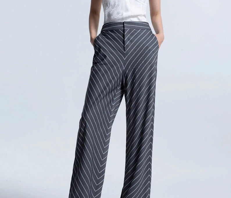 LEDIM W highend oblique stripe gray wide leg pants trousers -pieo