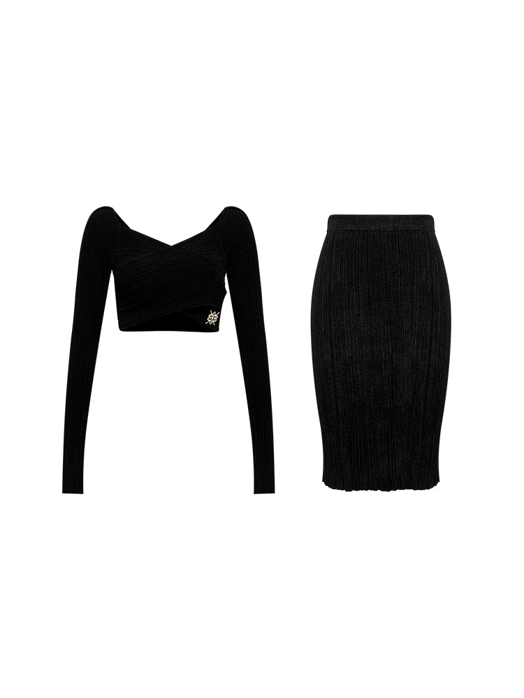 YES BY YESIR elegant sexy knitted black skirt cropped top - Fei