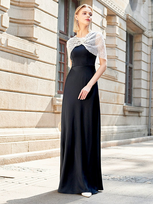 SIDUO High-End shawl lace sleeves mid waist deep V-neck ankle length  dinner dress-Adele ( V )