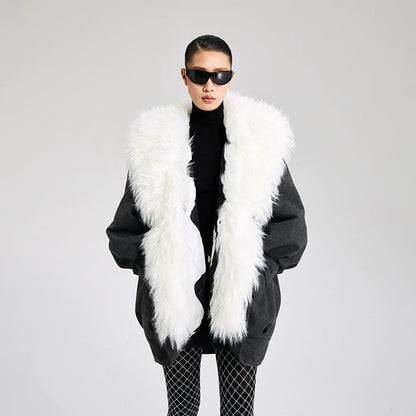 LEDIM W big fur collar hooded cotton suit coat jacket - siije