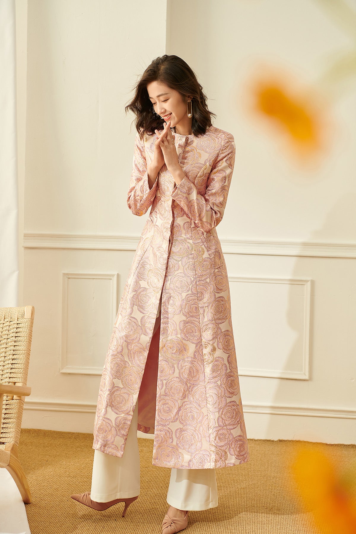 Luxury nude pink gold jacquard embroidery rose long exquisite coat- Nia