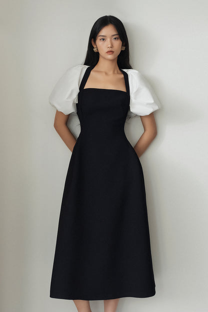 White retro elegant pufff sleeve midi lbd dress - Sonata Donda