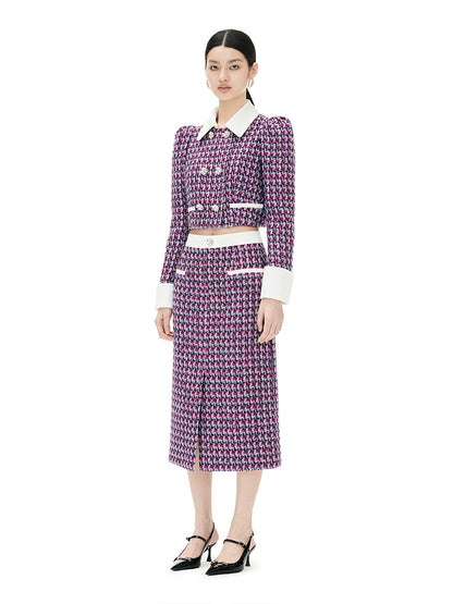 YES BY YESIR autumn winter grid plaid tweed pattern jacket skirt - Grape