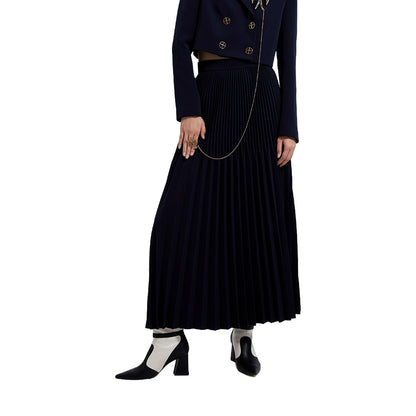 YES BY YESIR high-end elegant simple pleated midi  dark blue skirt - Gerba