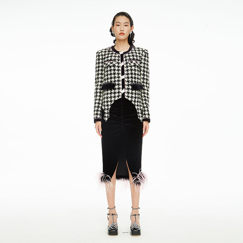 Autumn Winter Retro Butterfly Tail Shaped Velvet Houndstooth Jacket - Samara