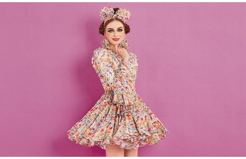 Long sleeve pleaded mini elegant cocktail floral dress- Fiona