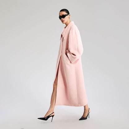 LEDIM W wool square neck pastel salmon pink loose long winter coat- Fan