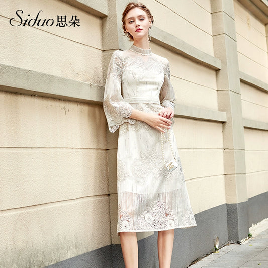 SIDUO high-end light luxury long bell sleeve elegant dinner dress -Laura ( V )