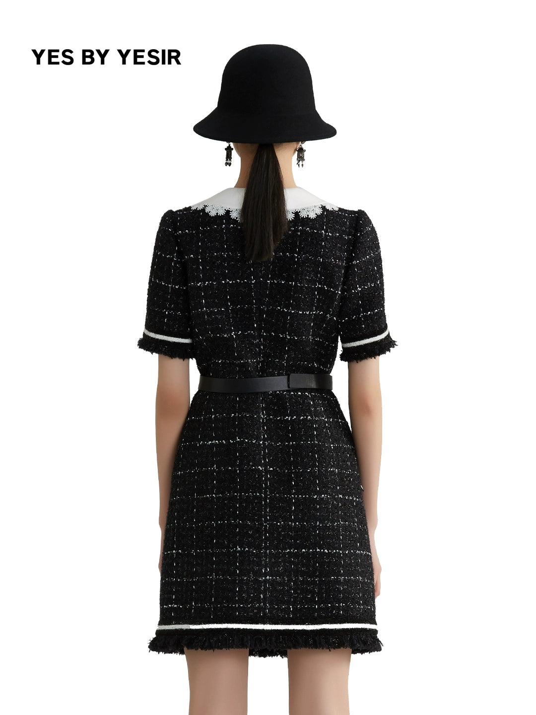 YES BY YESIR Luxury  black playful collar tweed dress - Ikal