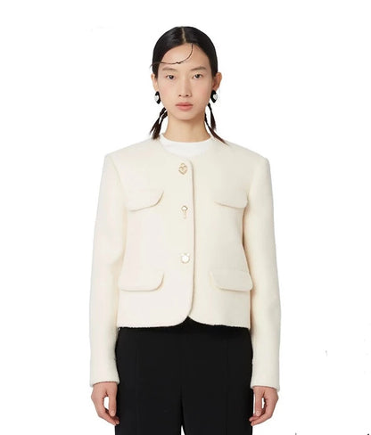 YES BY YESIR autumn winter simple beige short wool coat jacket blazer - yioi