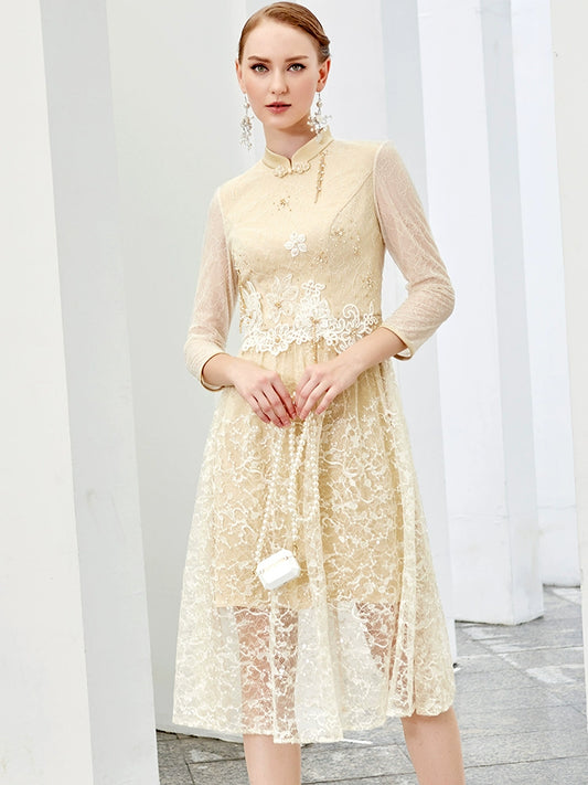 SIDUO High-End autumn mid skirt long sleeves mid waist stand collar beige banquet dress-Maurice  ( V )