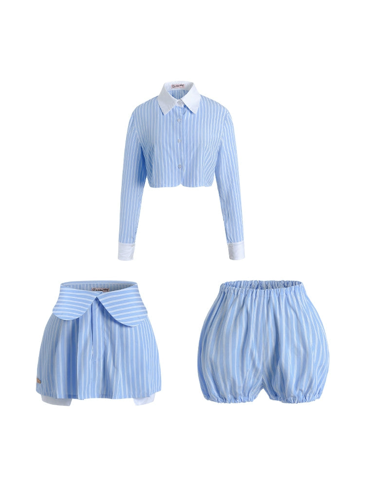 Le Palais Vintage Luxury Blue Striped Crop Shirt Pleated Skirt Pumpkin Shorts-Janetta