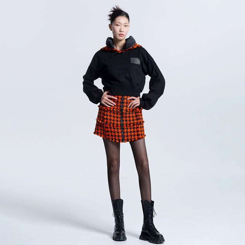 LEDIM W Patchwork luxury orange houndstooth plaid hooded black sweat shirt pullover -Haiei