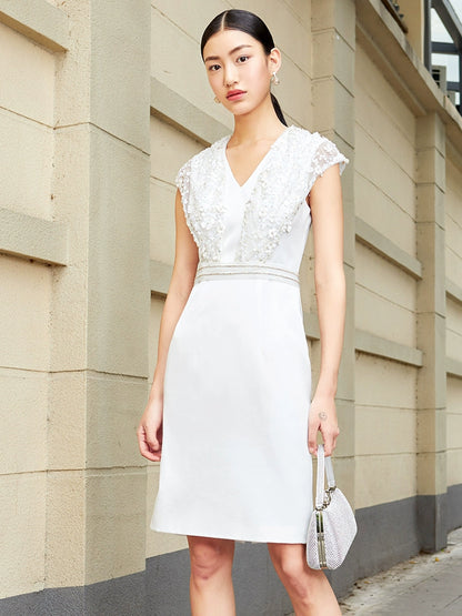 SIDUO Elegant Summer midi sleeveless V-neck slim fit mid skirt white simple dinner dress-Rosa ( V )