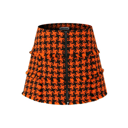 LEDIM W luxury highend patchwork orange houndstooth tweed short shirt- Haiei