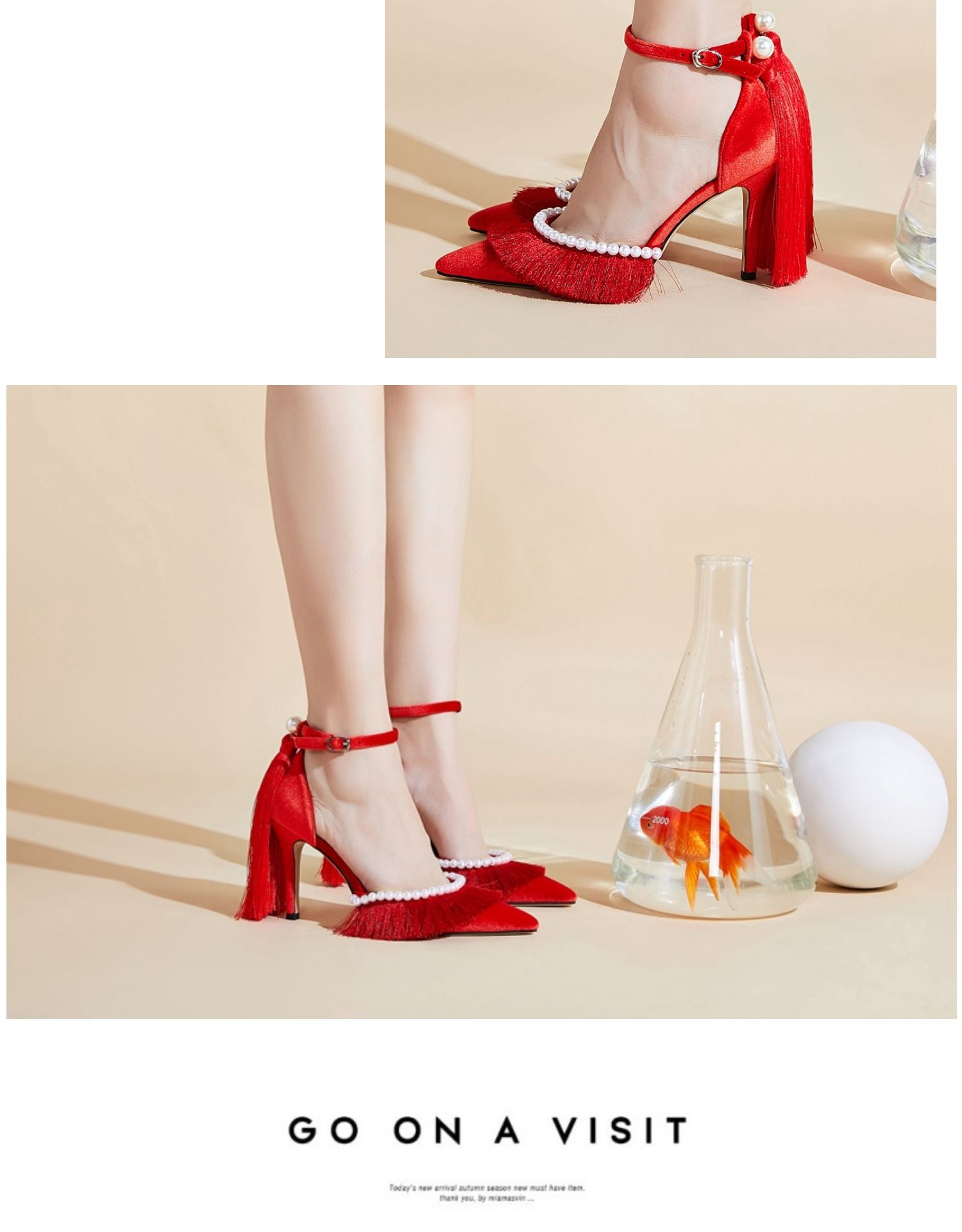 Shoe Land Charming- Rhinestone Tassel Ankle Strap Open Toe Stiletto Heel  (1836/RED)