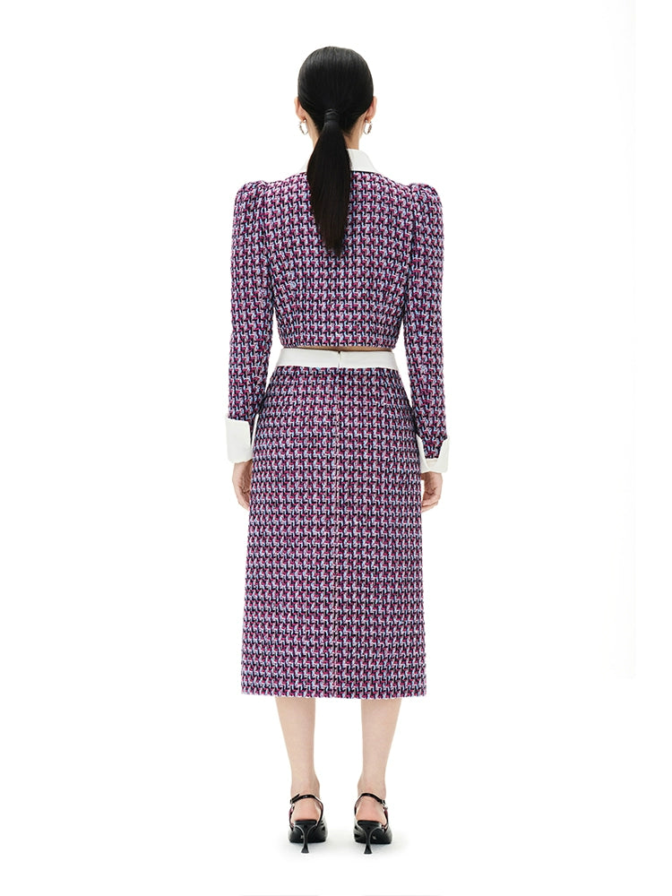 YES BY YESIR autumn winter grid plaid tweed pattern jacket skirt - Grape