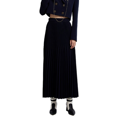 YES BY YESIR high-end elegant simple pleated midi  dark blue skirt - Gerba