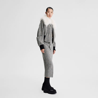 LEDIM W wool fur collar tweed cropped jacket SIll