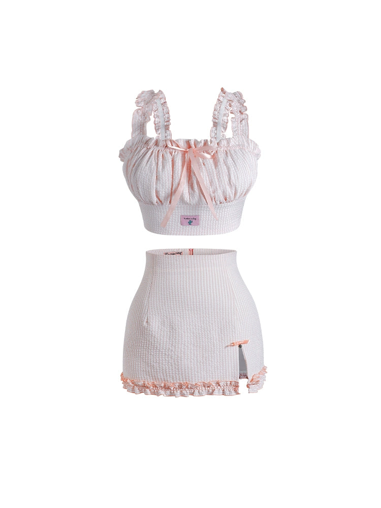 Le Palais Vintage Luxury Pink Striped Lace Crop Suspenders High Waist Short Skirt-Katie