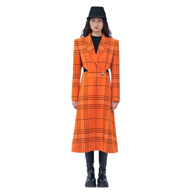 YES BY YESIR autumn winter orange plaid cut-out hollow small waist fine long coat - Kara