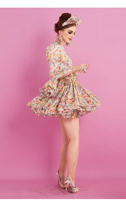 Long sleeve pleaded mini elegant cocktail floral dress- Fiona