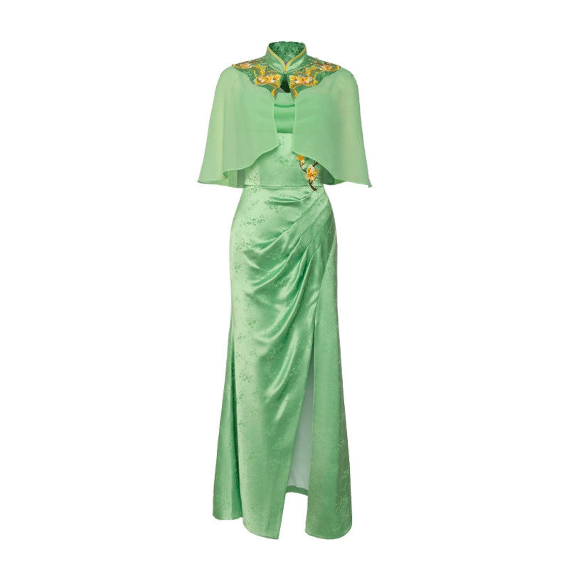 Magic Q green stand up collar bell sleeves shawl folded pleated embroidered slit dress - Mnie