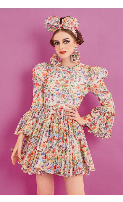 Long sleeve pleaded mini elegant cocktail floral dress- Fiona