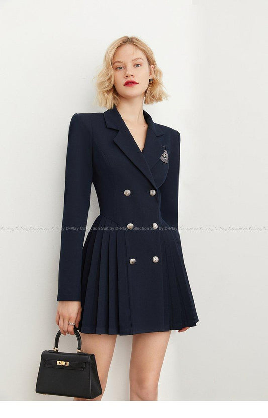 DPLAY Spring  Retro Navy Blue Pleated Wide Shoulder Suit Skirt - Celabi