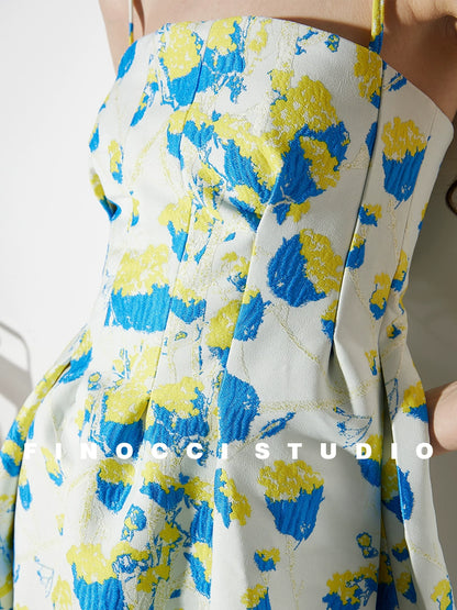 French yellow blue printed jacquard  puffy dress- Nicco