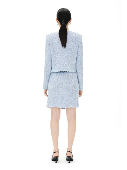 YES BY YESIR elegant simple pastel blue wool fragrance knit skirt cardigan - Sea