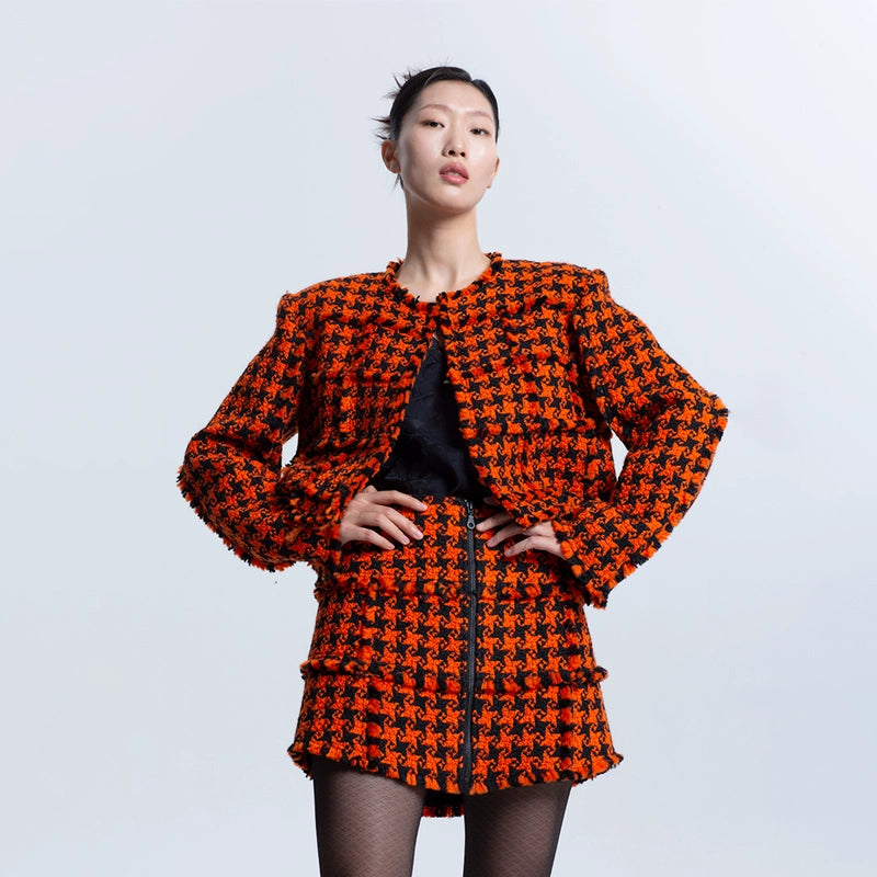 LEDIM W luxury high end patchwork orange houndstooth plaid blazer jacket - Haiei