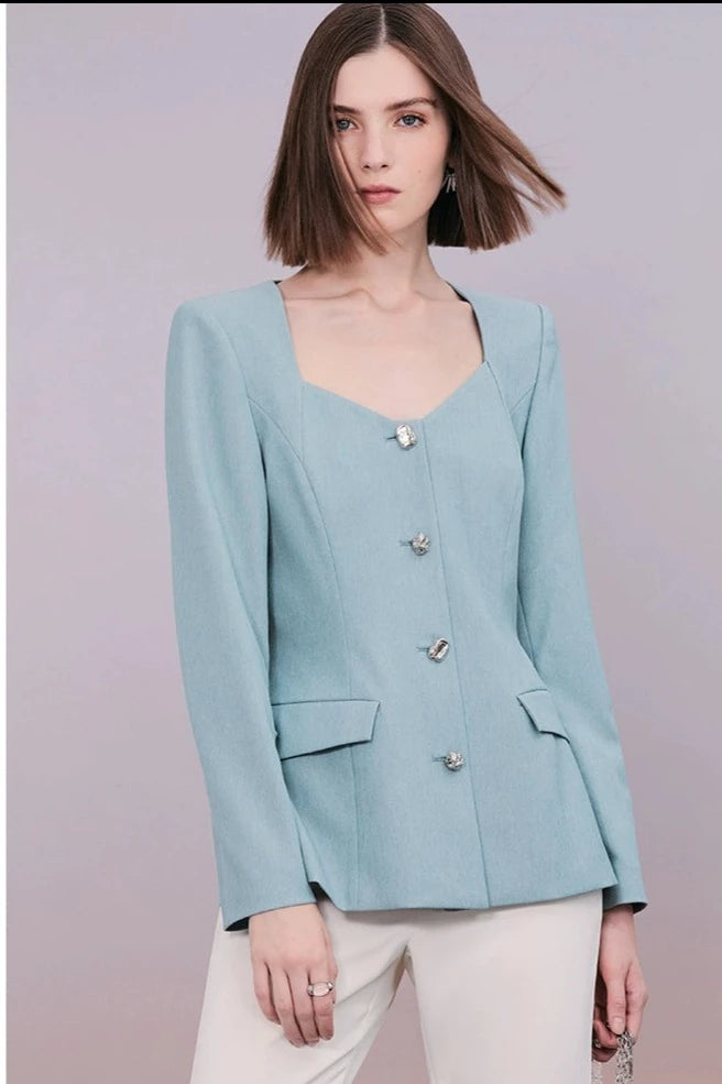 PURITY Classic blue blazer front slit slightly flared pants- Madison ...