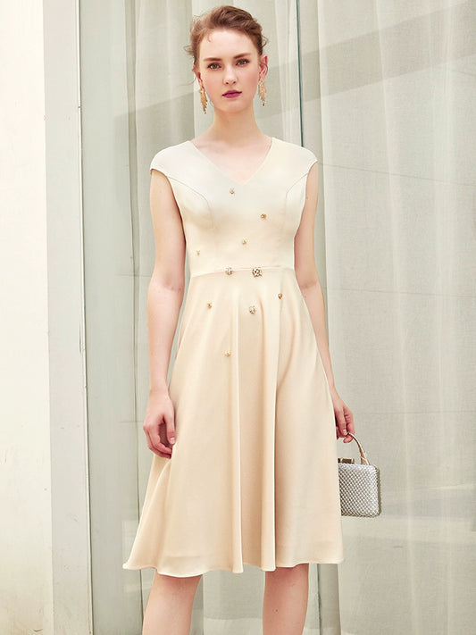 SIDUO Elegant autumn mid length sleeveless V-neck mid waist A-line skirt beige dinner dress -Anne  ( V )