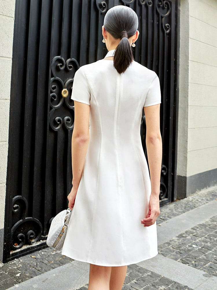 SIDUO Elegant midi short sleeve mid waist Chinese style white banquet dress-Jane  ( V )