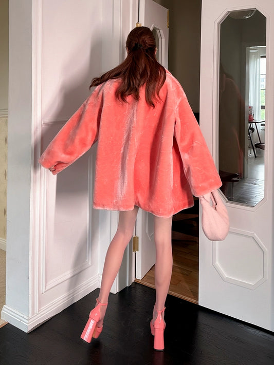 Le Palais Vintage grapefruit pink pure desire eco-friendly faux fur loose  coat - Knie