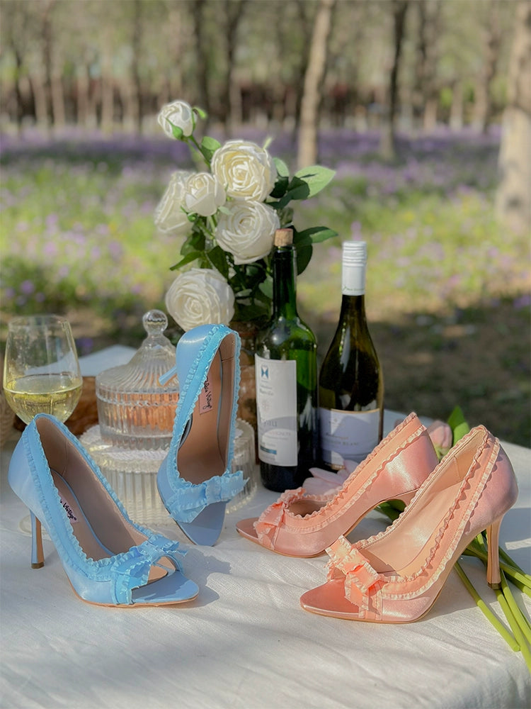 Le Palais Vintage Elegant Lace Pink Blue Fish Mouth Satin Pumps-Garby