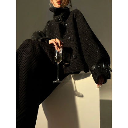 Black night wool two-piece coat jacket skirt - Utopia moonlit