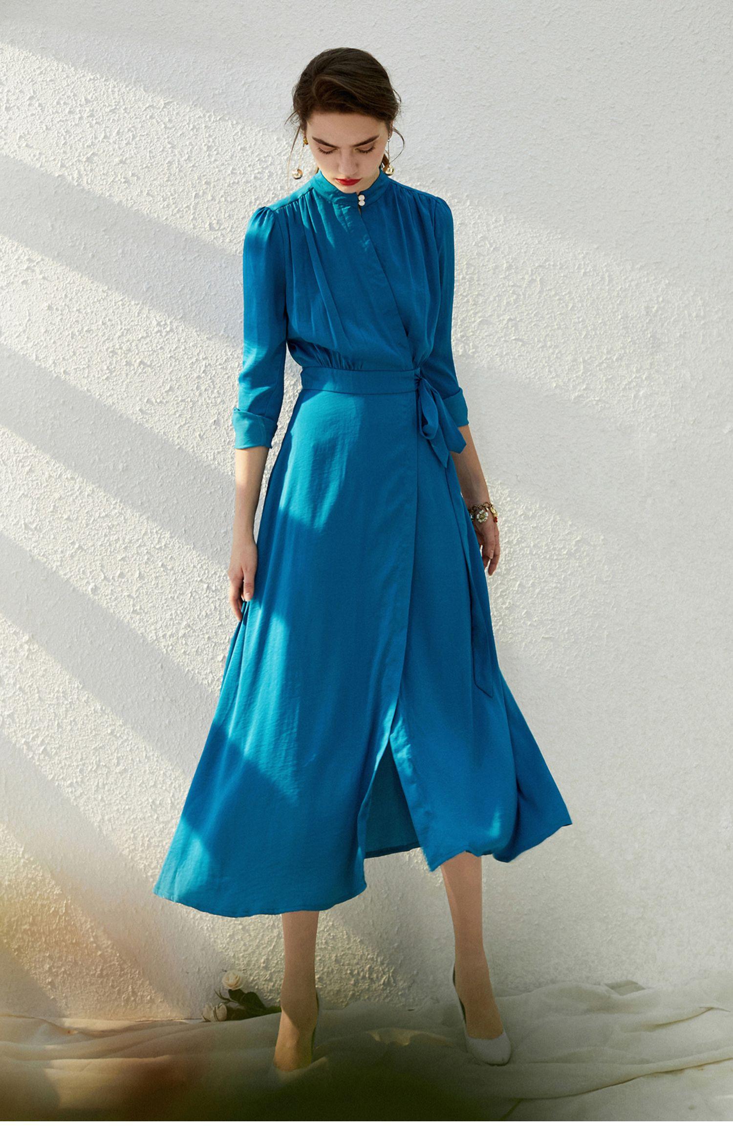 Flowy lake blue high neck 1940s vintage retro inspired fau midi wrap dress  - Kenji