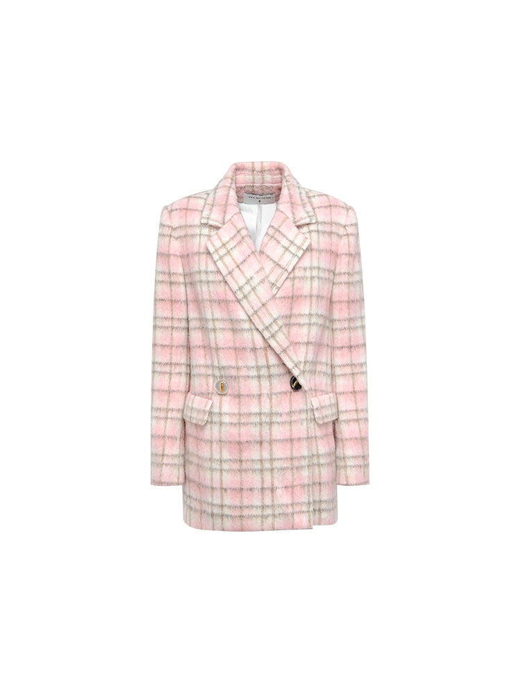 YES BY YESIR autumn winter pink women's checkered wool short coat - Abamo