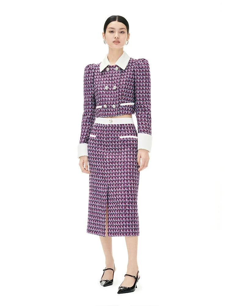 YES BY YESIR autumn winter grid plaid tweed pattern jacket skirt - Grape